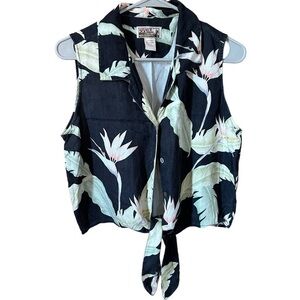 Tiki Classics Vintage  100% Silk Floral Hawaiian Print Crop Front Tie Top Size M